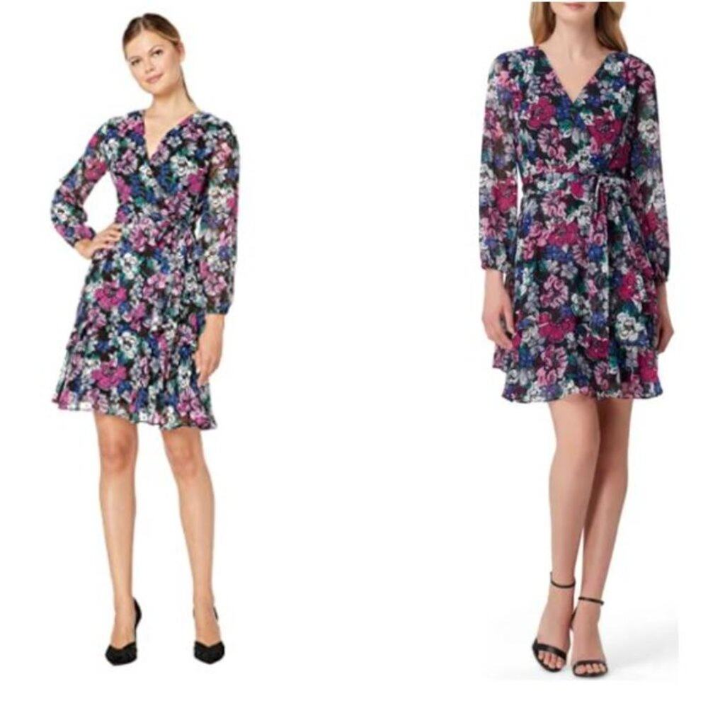 TAHARI ASL Long Sleeve Floral Dress in Black Berry Bloom, Sz 14 —NWT